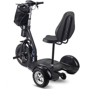 The MotoTec Electric Trike 48v 1000w Lithium Black by MotoTec is a black, three-wheeled electric mobility scooter featuring a powerful 1000 watt motor, a cushioned seat with a backrest, and a small storage bag on the handlebars.