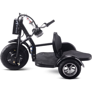 The MotoTec Electric Trike 48v 1000w Lithium in Black from MotoTec is a three-wheeled electric trike featuring a cushioned seat and handlebars, designed for ease of use and comfort with its powerful 1000 watt motor.