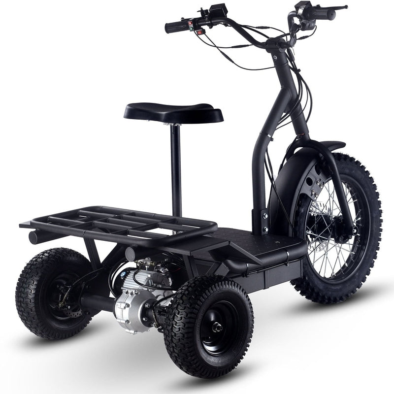 Introducing the MotoTec Electric Trike 48v 1200w by MotoTec: a sleek black tricycle featuring large tires, a padded seat, handlebar controls, a powerful 1200w motor, and a convenient cargo area at the back.