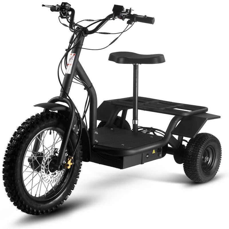 The MotoTec Electric Trike 48v 1200w, manufactured by MotoTec, features a three-wheeled design equipped with a powerful 1200w motor, a padded seat for comfort, handlebar controls for easy maneuverability, large knobby tires for rugged terrain, and a rear cargo platform for added convenience.