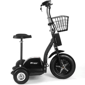 The MotoTec Electric Trike 48v 500w by MotoTec is a black electric tricycle scooter that features a front basket and a comfortable seat for smooth rides.