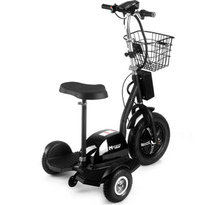 The MotoTec Electric Trike 48v 500w by MotoTec, featuring a sleek black design with a comfortable seat, small front basket, and rear stabilizing wheels, provides a smooth and stylish personal transportation experience.