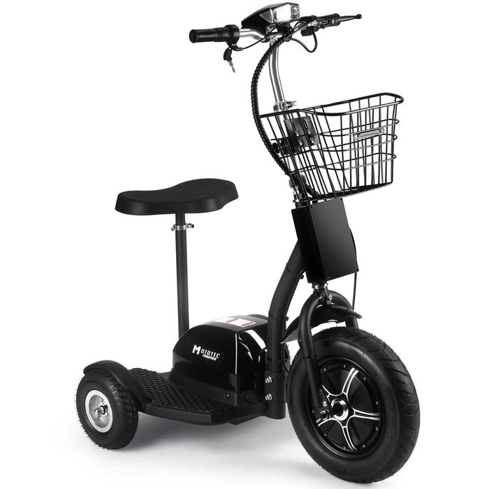 Introducing the MotoTec Electric Trike 48v 500w by MotoTec, a sleek and stylish black, three-wheeled electric scooter equipped with a seat, handlebar basket, and a small digital display. This versatile electric trike ensures a smooth ride for all your personal transportation needs.