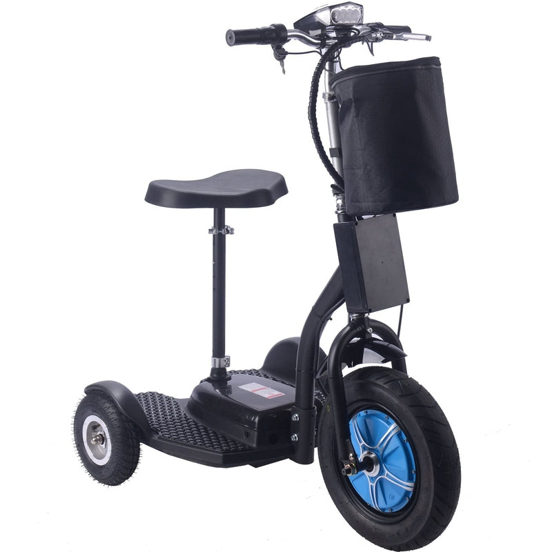 The MotoTec Electric Trike 48v 750w Lithium by MotoTec, featuring a black and blue design with a seat, handlebar basket, and three wheels, serves as an efficient personal transporter.