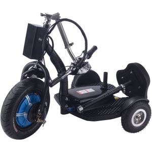 The MotoTec Electric Trike 48v 750w Lithium, a product by MotoTec, is a black personal transporter that features a padded seat, three wheels, and a handlebar.