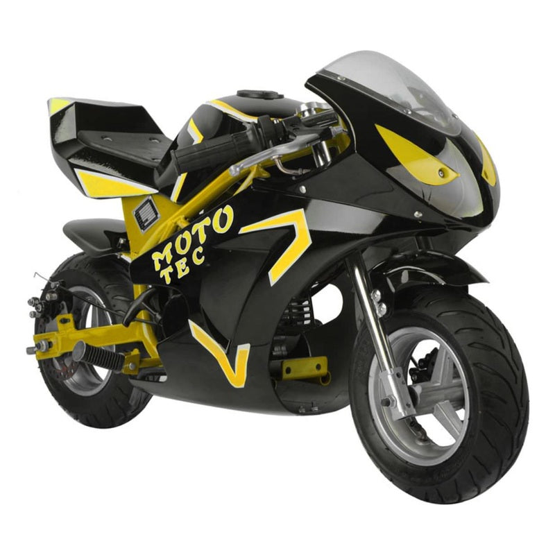 The MotoTec Gas Pocket Bike GT 49cc 2-stroke is a black and yellow mini motorcycle featuring "MOTO TEC" branding on the side. It boasts a sleek design, aerodynamic build, and pneumatic tires, making it perfect for racing enthusiasts.
