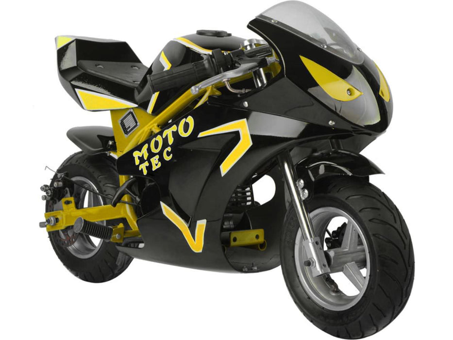 The MotoTec Gas Pocket Bike GT 49cc 2-stroke is a black and yellow mini motorcycle featuring "MOTO TEC" branding on the side. It boasts a sleek design, aerodynamic build, and pneumatic tires, making it perfect for racing enthusiasts.