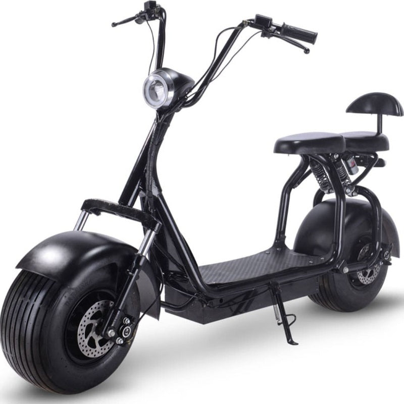 The MotoTec Knockout 60v 1000w Electric Scooter Black by MotoTec features a powerful 1000W hub motor, wide tires, headlight, dual seats, and a sturdy frame, all showcased on a white background.