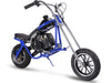 The MotoTec 49cc Gas Mini Chopper from MotoTec features a blue frame, black seat, chrome handlebars, and pneumatic street tires set against a white background.