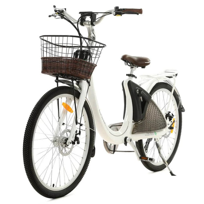 Ecotric 26 Inch White Lark Electric City Bike For Women with Basket & Rear Rack