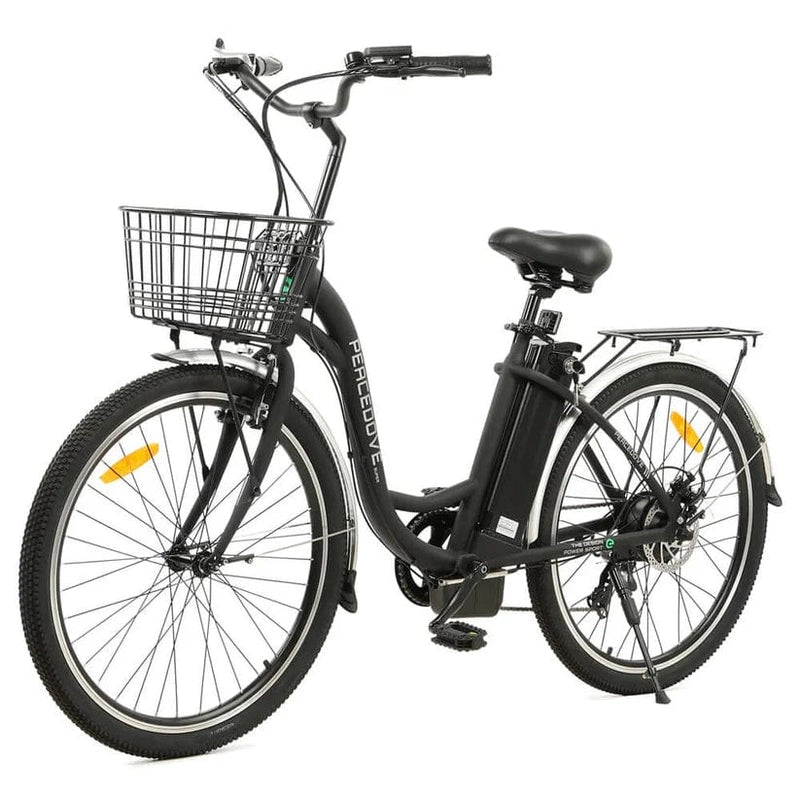 Ecotric 26inch Black Peacedove Electric City Bike with basket and rear rack
