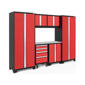 New Age Bold Series 7 Piece Cabinet Set in Red and Stainless Steel with White Background