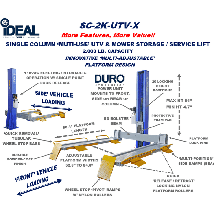 iDEAL SC-2K-UTV-X 2,000 lb Single Column ‘Multi-Use’ UTV & Mower Storage / Service Lift - 110V Duro Included