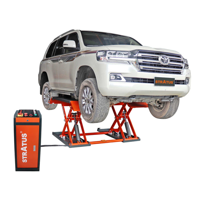 Stratus SAE-MS9000X Extra Wide Mid Rise Scissor Lift with car