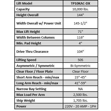 iDEAL TP10KAC-DX 10,000 lb Two Post Clear Floor --Direct Drive - Bi-Symmetric - 3 Stage - Single Point ALI Certified W/PU