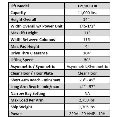 Tuxedo TP11KC-DX 11,000 lb Two Post Clear Floor --Direct Drive - Bi-Symmetric - 3 Stage - Single Point