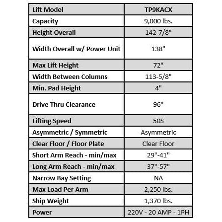 Tuxedo TP9KACX 9,000 lb Two Post Clear Floor - Asymmetric