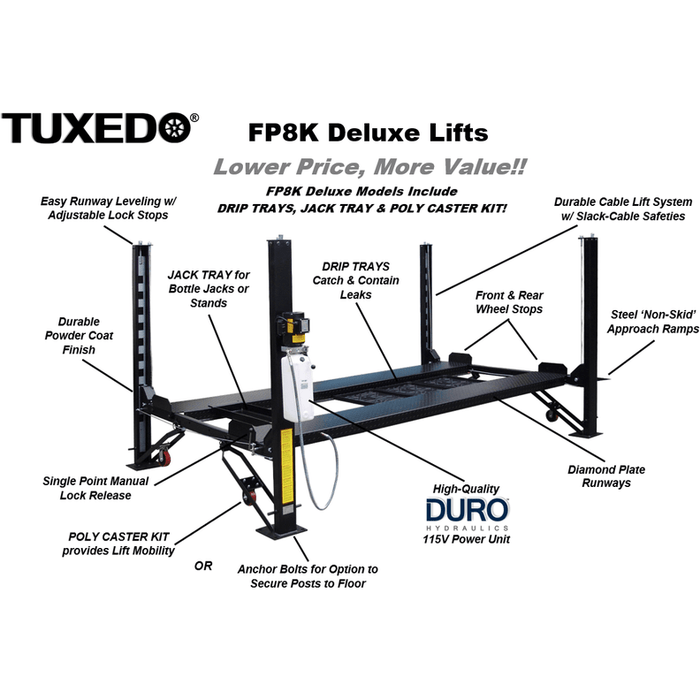 Tuxedo FP8K-DX 8,000 lb Deluxe Storage Lift - Poly casters, drip trays, jack tray