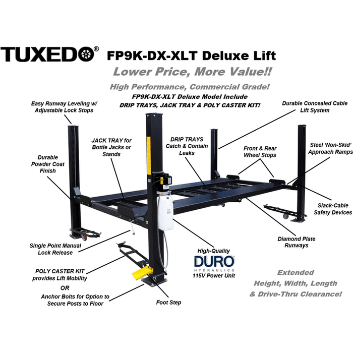 Tuxedo FP9K-DX-XLT 9,000 lb Deluxe Storage Lift Extended Length / Height - Poly casters, drip trays, jack tray