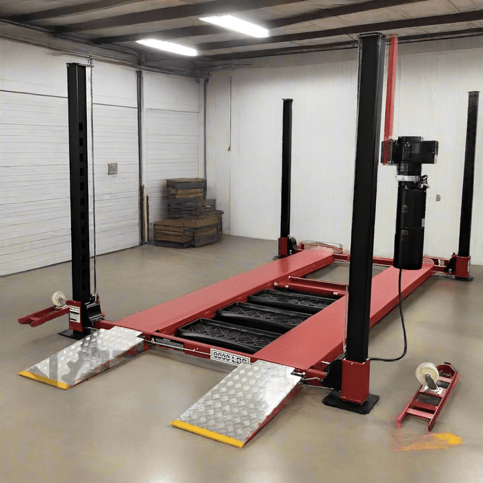 Triumph NOS9000 9,000 lb Four Post Service Storage Lift in a garage