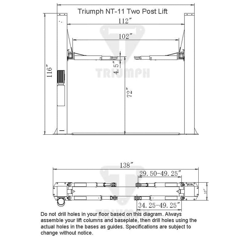 Triumph | NT-11 11,000 lb Two Post Auto Lift specifications