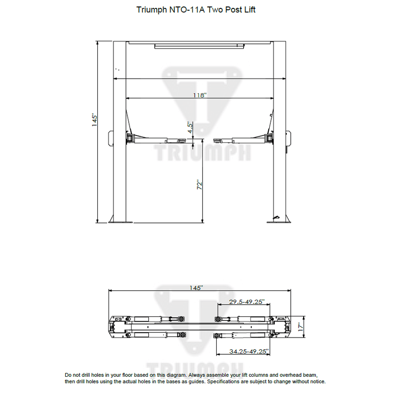 Triumph | NTO-11A 11,000 lb Two Post Auto Lift Measurements