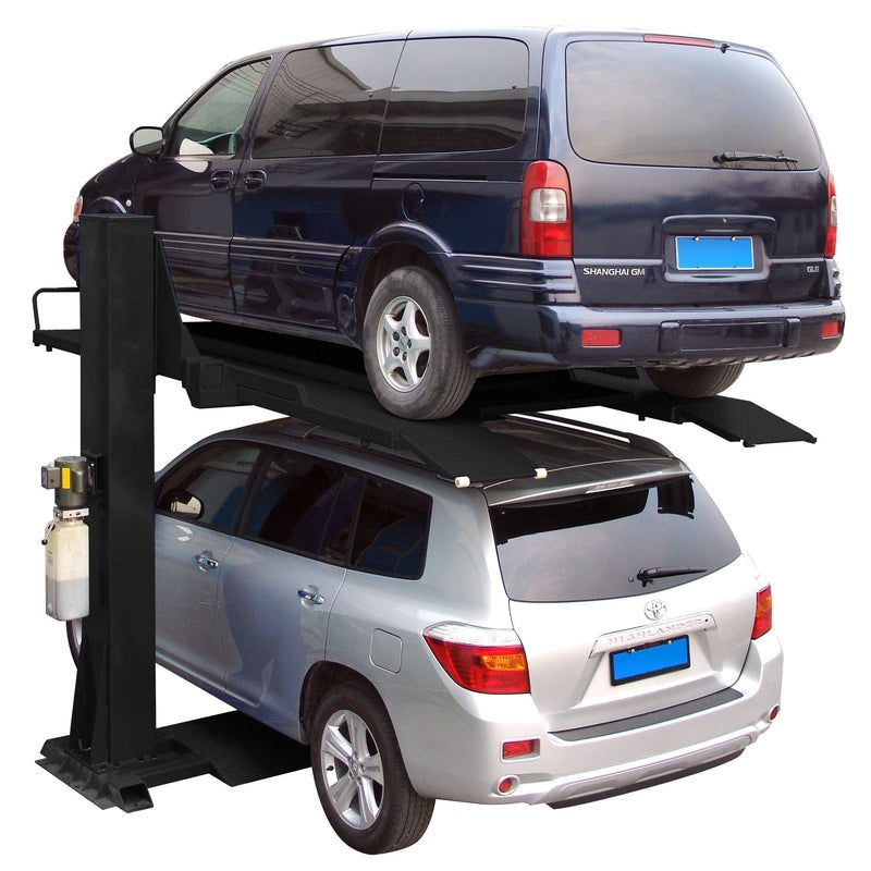 Tuxedo SP-6K-SS 6,000 lb Single Post Storage Lift with cars in rear view