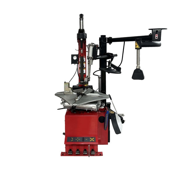 Tuxedo TC-1300 Tire Changer -- Tiltback Press Arm w/ Leverless Demount Tool in front view