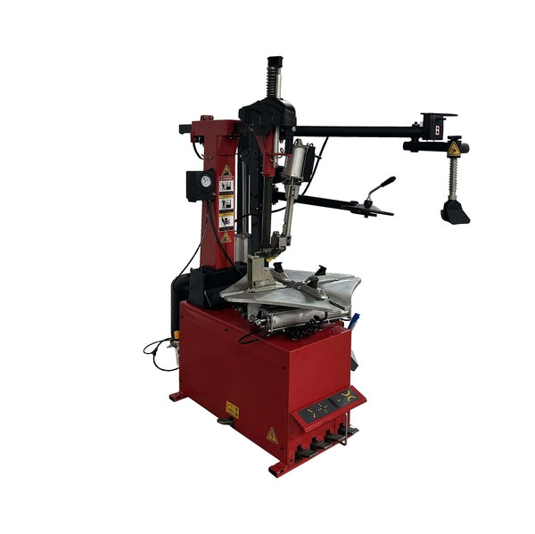 Tuxedo TC-1300 Tire Changer -- Tiltback Press Arm w/ Leverless Demount Tool in side view