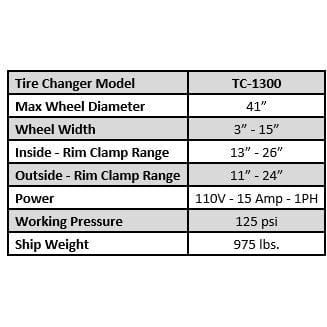 Tuxedo TC-1300 Tire Changer -- Tiltback Press Arm w/ Leverless Demount Tool specifications