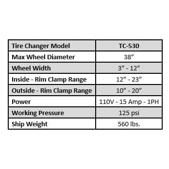 Tuxedo TC-530 Tire Changer specifications