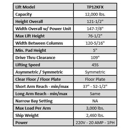 Tuxedo TP12KFX 12,000 lb Two Post Floor Plate Lift- specifications