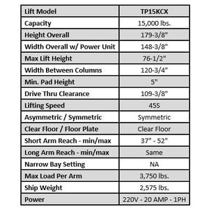 Tuxedo TP15KCX 15,000 lb Heavy Duty Two Post Lift-specifications