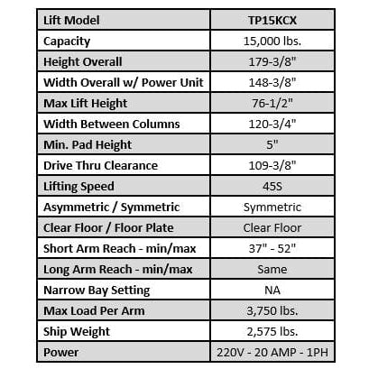 Tuxedo TP15KCX 15,000 lb Heavy Duty Two Post Lift-specifications