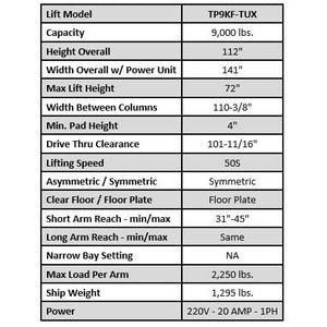 Tuxedo TP9KF-TUX 9,000 lb Two Post Floor Plate - Symmetric specifications