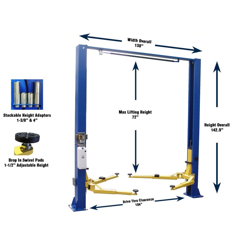 Tuxedo TP9KSCX 9,000 lb Two Post Clear Floor - dimensions