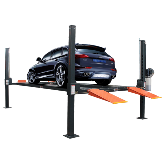 Stratus | SAE-P49X Extra Wide And Tall Enclosed 4 Post 9000 Lbs Capacity Manual Release Storage Parking Car Lift With Castors