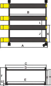 AMGO 409-DP dimensions diagram with measurements labeled A through L for the four-post double parking lift