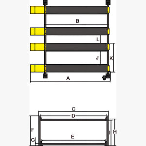 AMGO 409-DP dimensions diagram with measurements labeled A through L for the four-post double parking lift