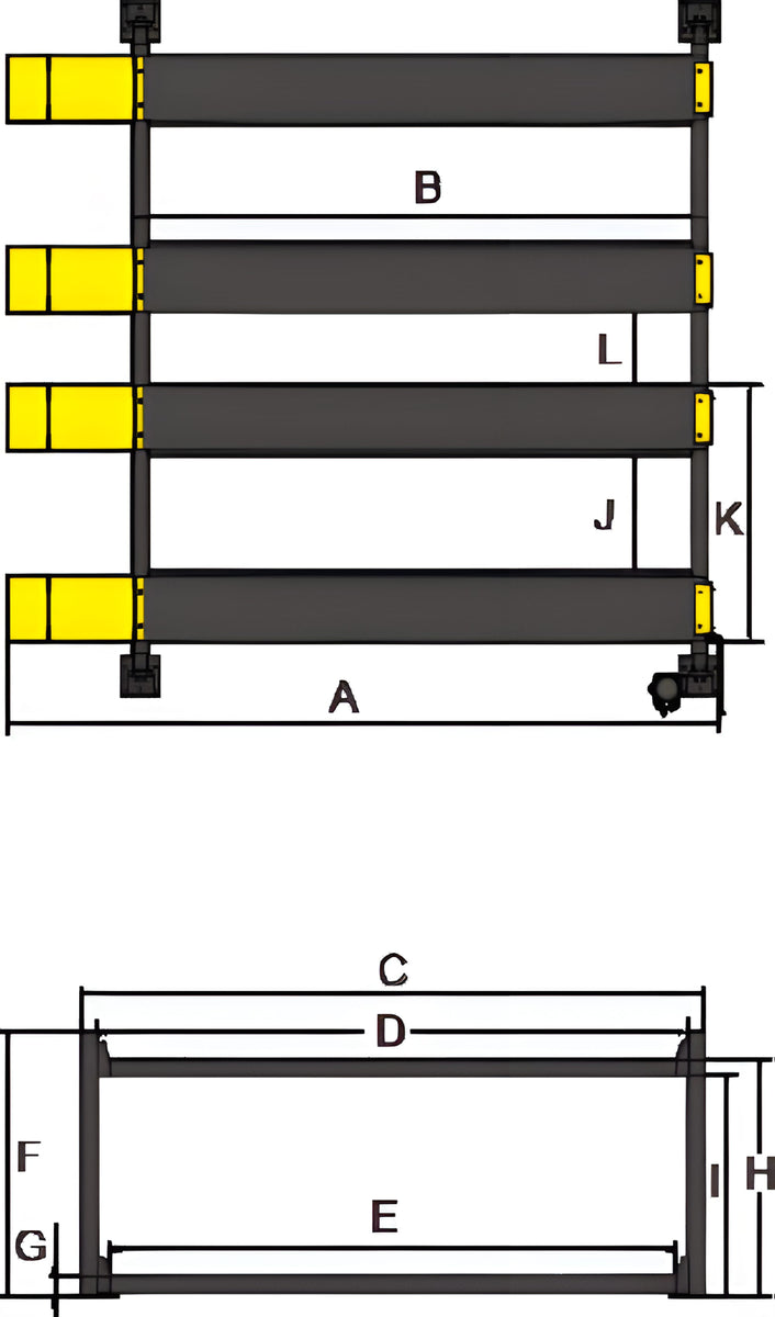 AMGO 409-DP dimensions diagram with measurements labeled A through L for the four-post double parking lift