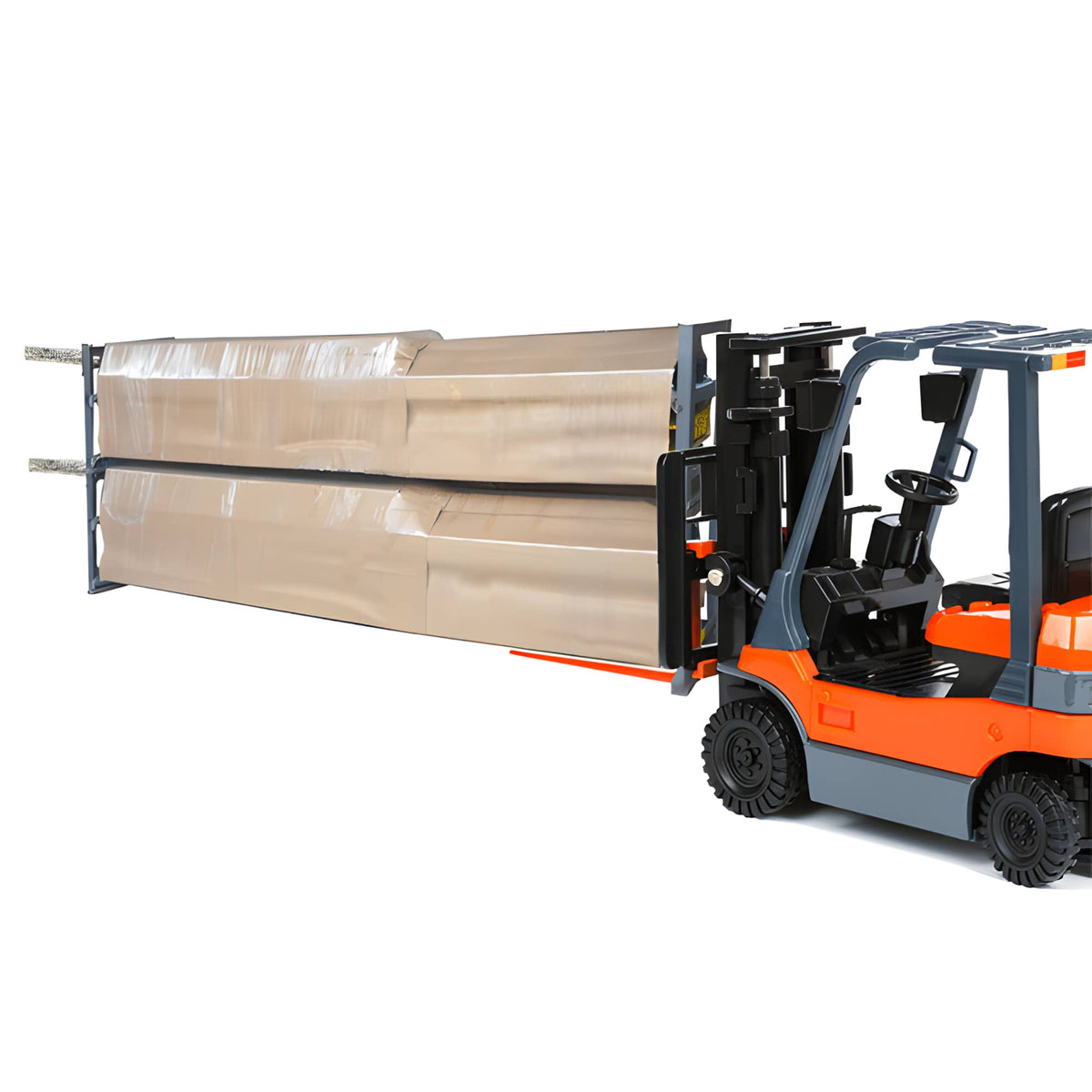 Forklift loading a stack of AMGO 409-DP shipping crates for freight delivery