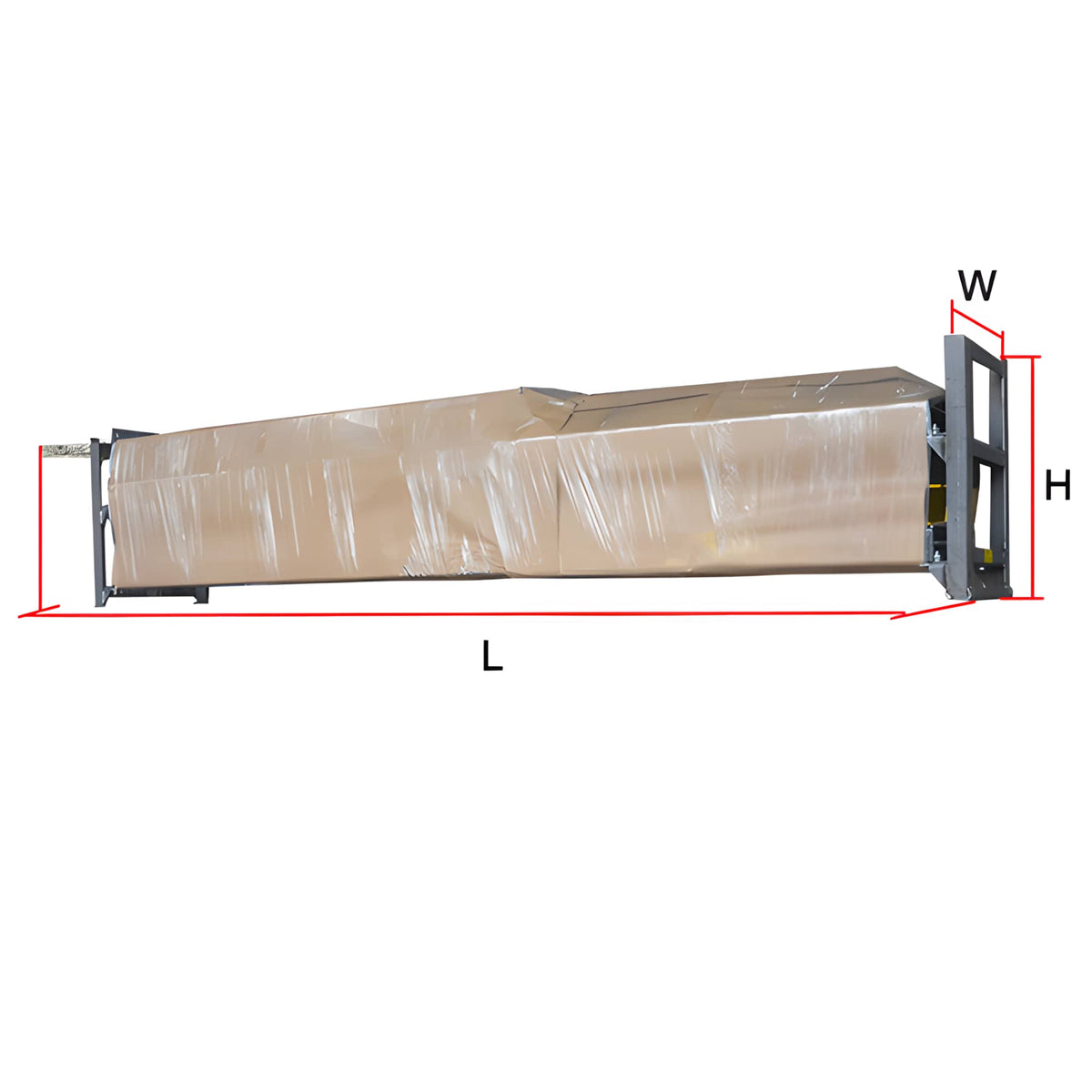 AMGO 409-DP single-unit shipping crate with length width and height dimensions labeled