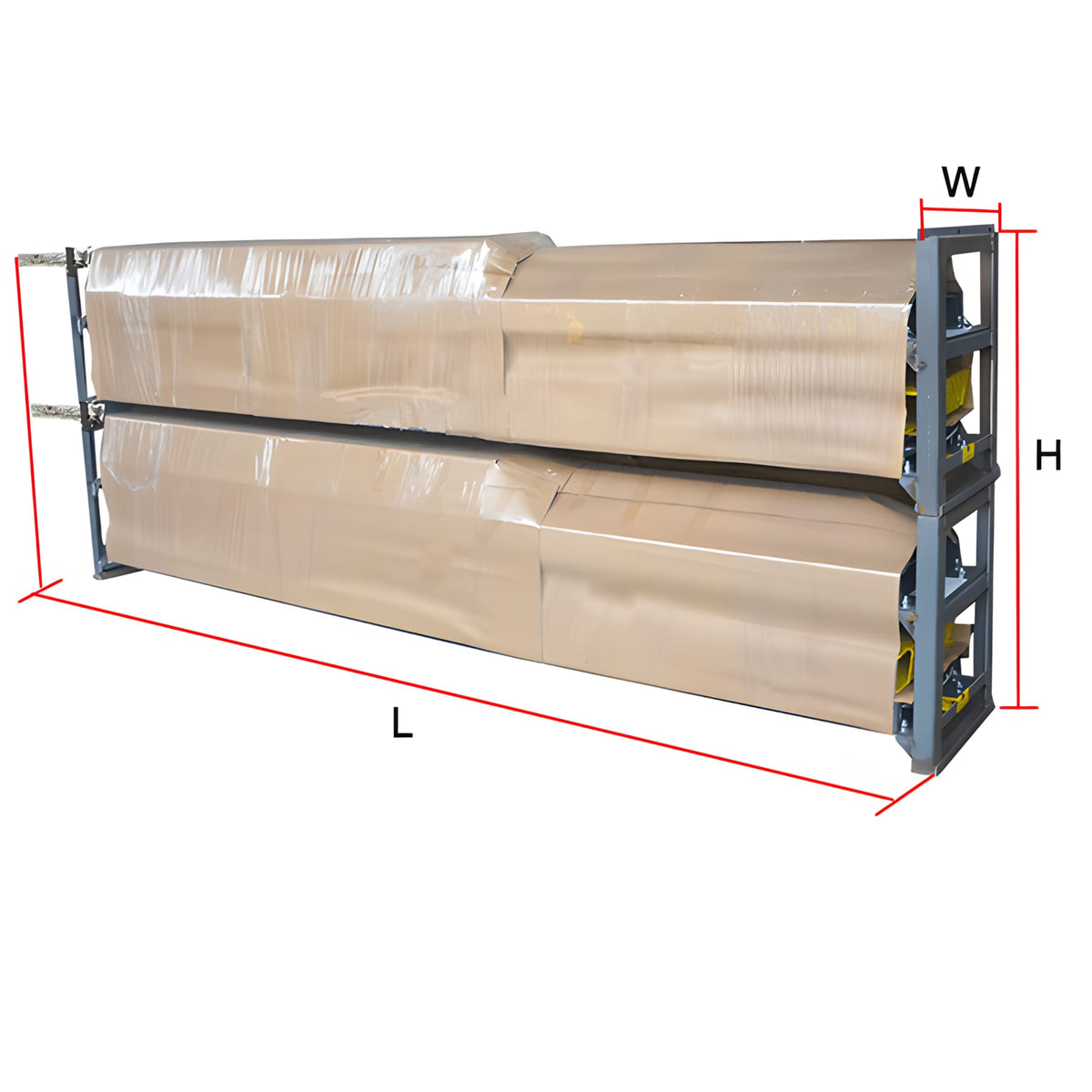 AMGO 409-DP three units stacked in shipping crates with combined dimensions labeled