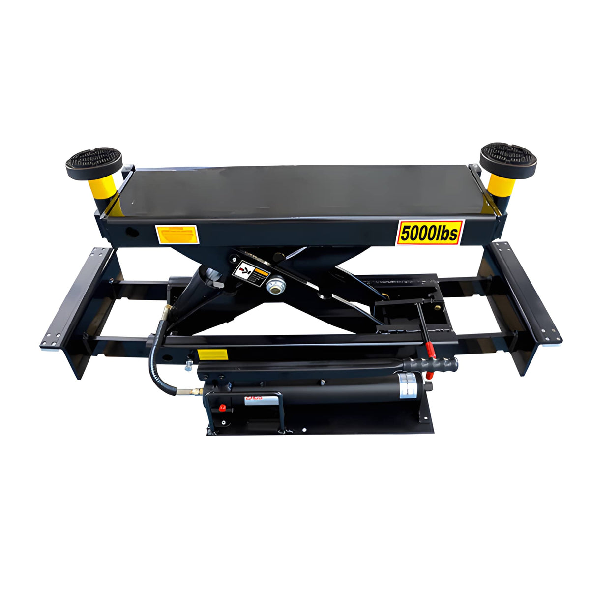 AMGO 409-DP J5H sliding jack with hand pump rated 5,000 lb capacity and 2.5 inch extension adapters