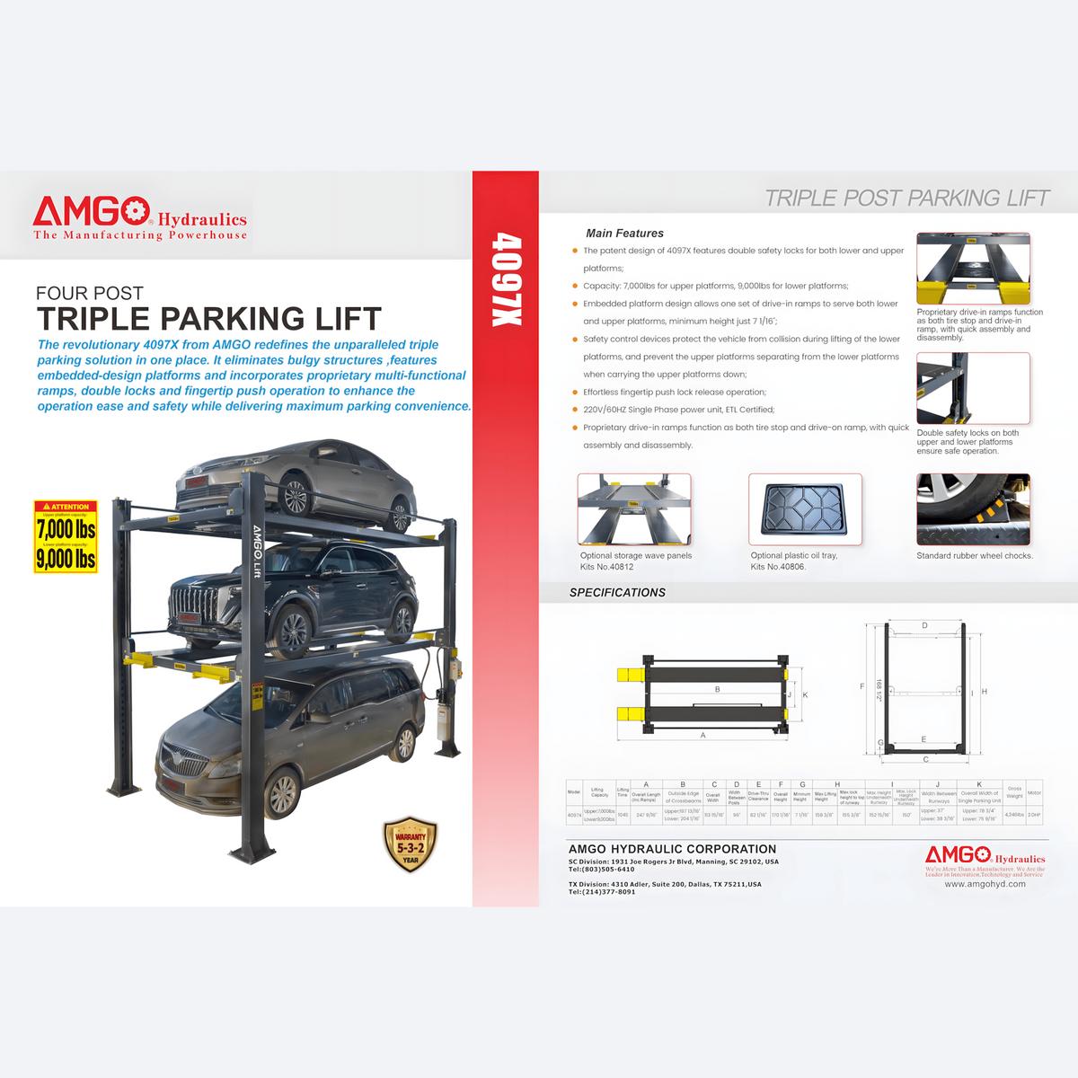 AMGO 4097X four-post triple parking lift product brochure with key specifications and feature callouts