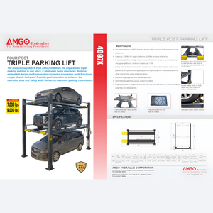 AMGO 4097X four-post triple parking lift product brochure with key specifications and feature callouts