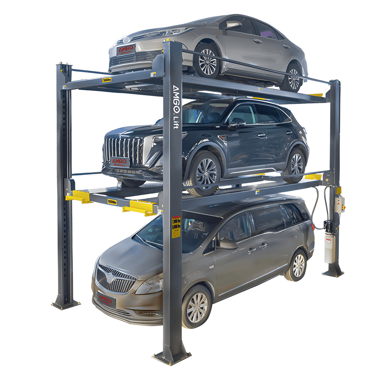 AMGO 4097X four-post triple parking lift with three sedans stacked on upper, lower, and ground levels