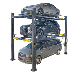AMGO 4097X four-post triple parking lift with three sedans stacked on upper, lower, and ground levels