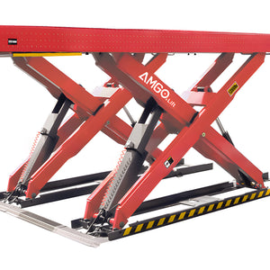Dual hydraulic cylinder pair on AMGO AX-12 X-scissor mechanism providing synchronized platform movement
