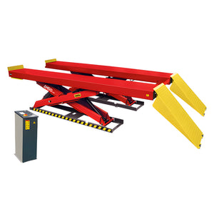 AMGO AX-12 12,000 lb full-rise scissor lift with drive-on ramps and control cabinet, hero product image